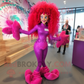 Magenta Mermaid mascot costume character dressed with a Jumpsuit and Hairpins