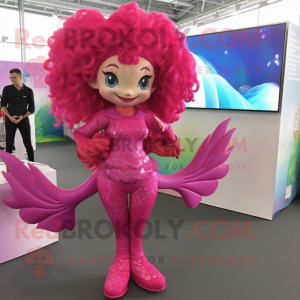 Magenta Mermaid mascot costume character dressed with a Jumpsuit and Hairpins
