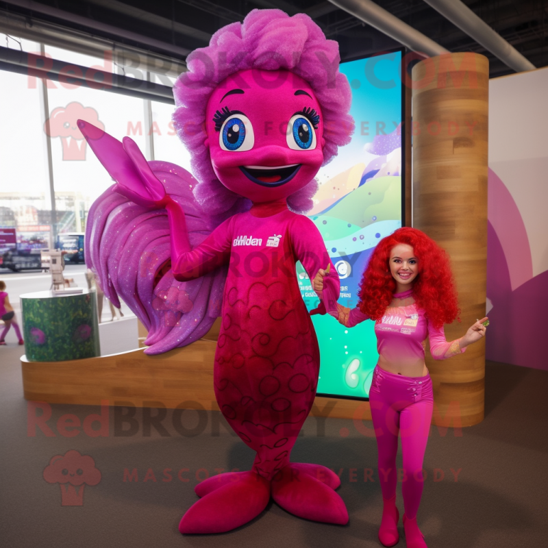 Magenta Mermaid mascot costume character dressed with a Jumpsuit and Hairpins