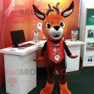Red Roe Deer mascot costume character dressed with a Graphic Tee and Shawl pins