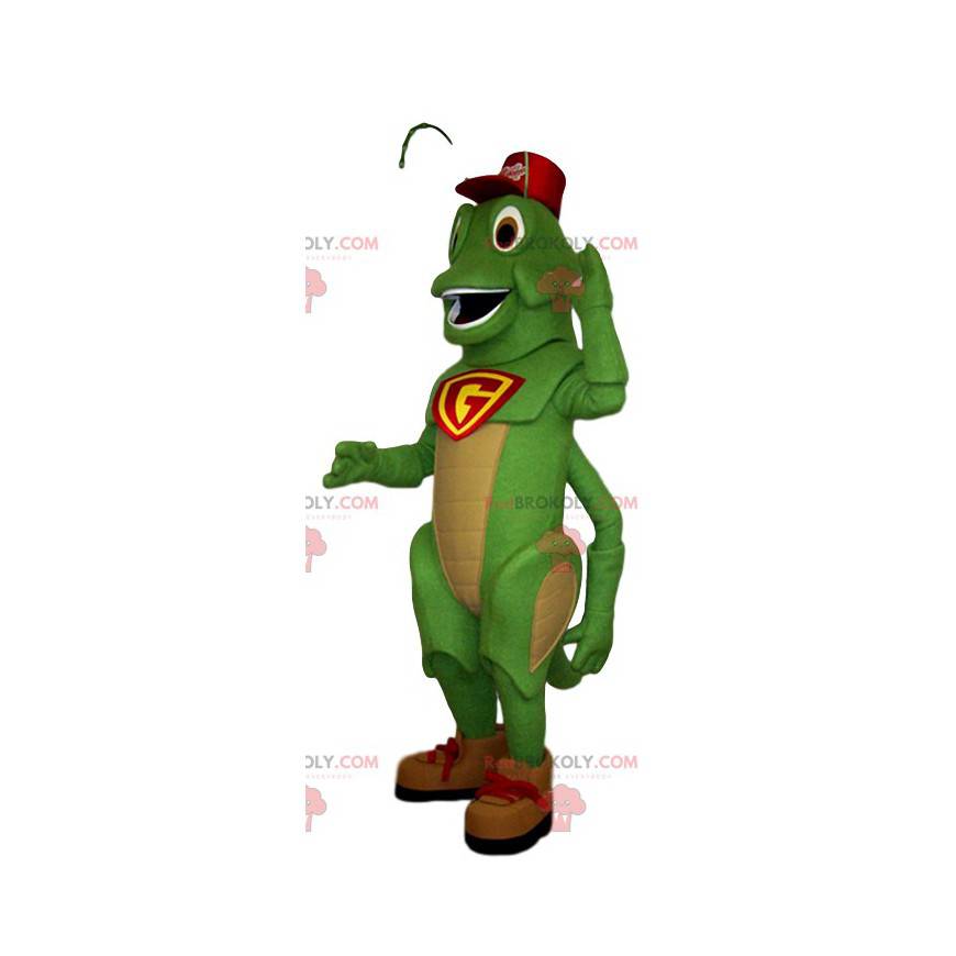 Mascote do gafanhoto verde com uma tampa vermelha -