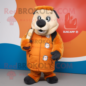 Orange Shepard'S Pie mascot costume character dressed with a Parka and Cufflinks