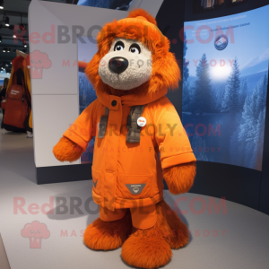Orange Shepard'S Pie mascot costume character dressed with a Parka and Cufflinks