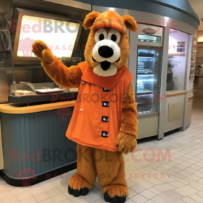 Orange Shepard'S Pie mascot costume character dressed with a Parka and Cufflinks