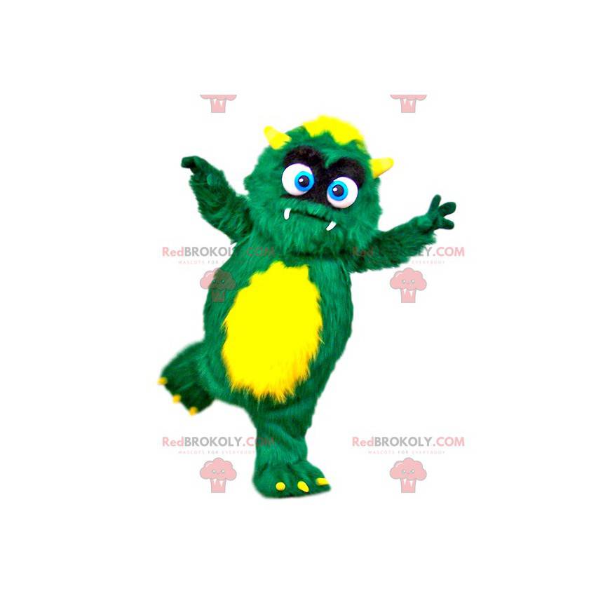 Mascotte de petit monstre poilu vert et jaune - Redbrokoly.com