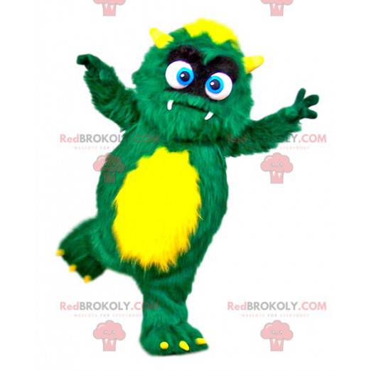 Mascotte de petit monstre poilu vert et jaune - Redbrokoly.com