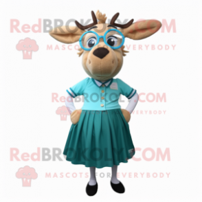 Cyan Elk mascot costume character dressed with a A-Line Skirt and Eyeglasses