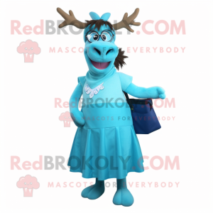 Cyan Elk mascot costume character dressed with a A-Line Skirt and Eyeglasses