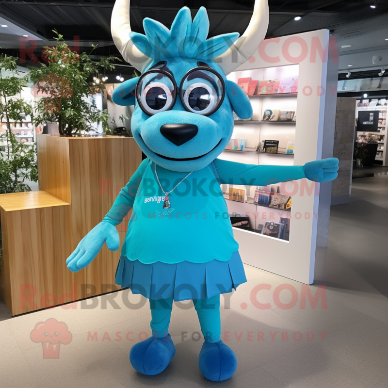 Cyan Elk mascot costume character dressed with a A-Line Skirt and Eyeglasses