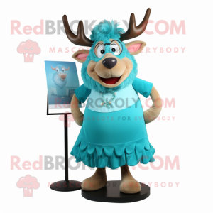 Cyan Elk mascot costume character dressed with a A-Line Skirt and Eyeglasses