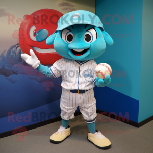 Turquoise Baseball Ball mascot costume character dressed with a Mom Jeans and Cufflinks