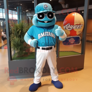 Turquoise Baseball Ball mascot costume character dressed with a Mom Jeans and Cufflinks