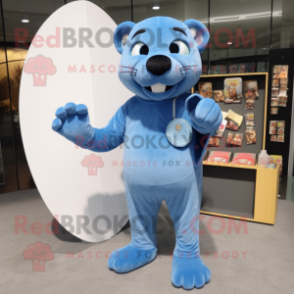 Sky Blue Panther mascot costume character dressed with a Corduroy Pants and Coin purses