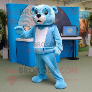 Sky Blue Panther mascot costume character dressed with a Corduroy Pants and Coin purses