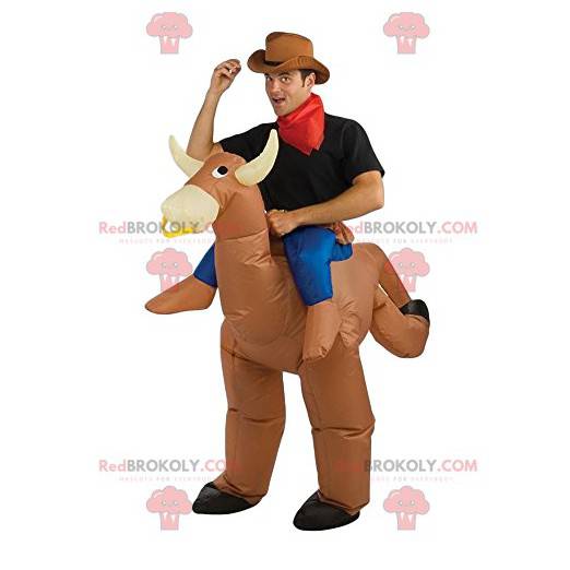 Beige rodeo cow mascot with its rider - Redbrokoly.com