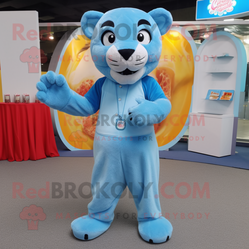 Sky Blue Panther mascot costume character dressed with a Corduroy Pants and Coin purses