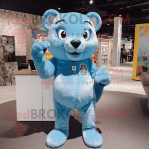 Sky Blue Panther mascot costume character dressed with a Corduroy Pants and Coin purses
