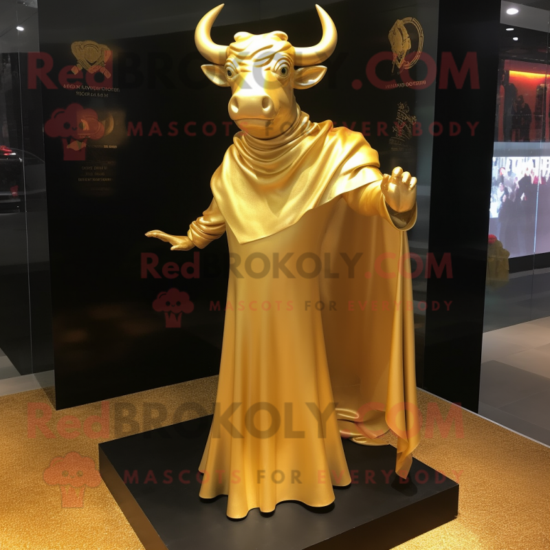 Gold Bull mascot costume character dressed with a Evening Gown and Shawls