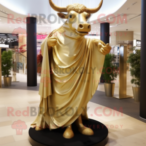 Gold Bull mascot costume character dressed with a Evening Gown and Shawls