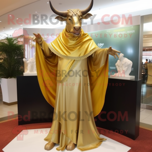 Gold Bull mascot costume character dressed with a Evening Gown and Shawls