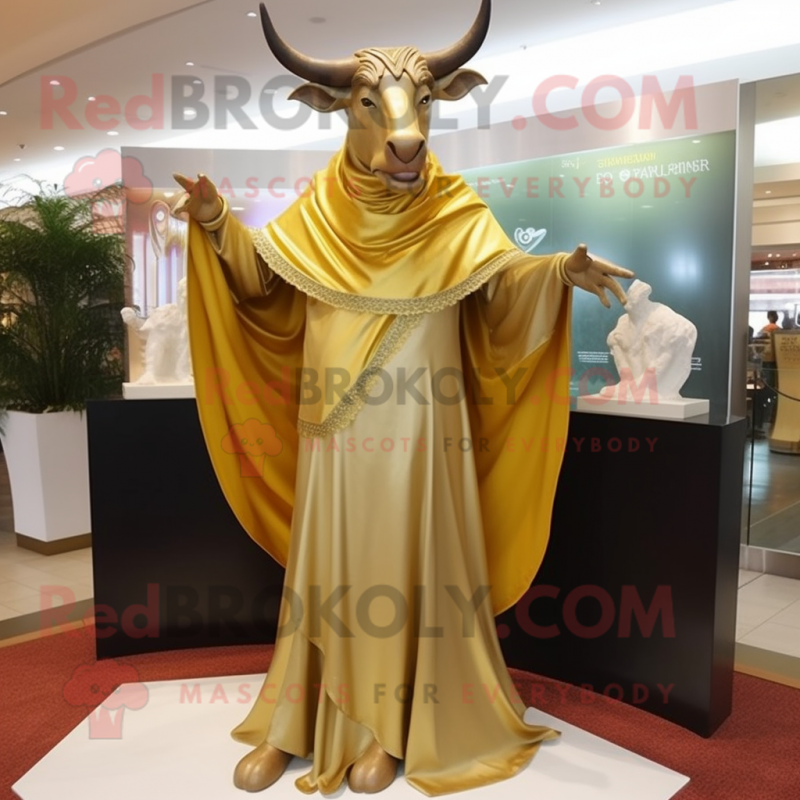 Gold Bull mascot costume character dressed with a Evening Gown and Shawls Gold Bull mascot costume character dressed with a Evening Gown and Shawls