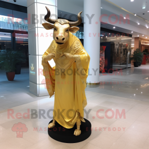 Gold Bull mascot costume character dressed with a Evening Gown and Shawls