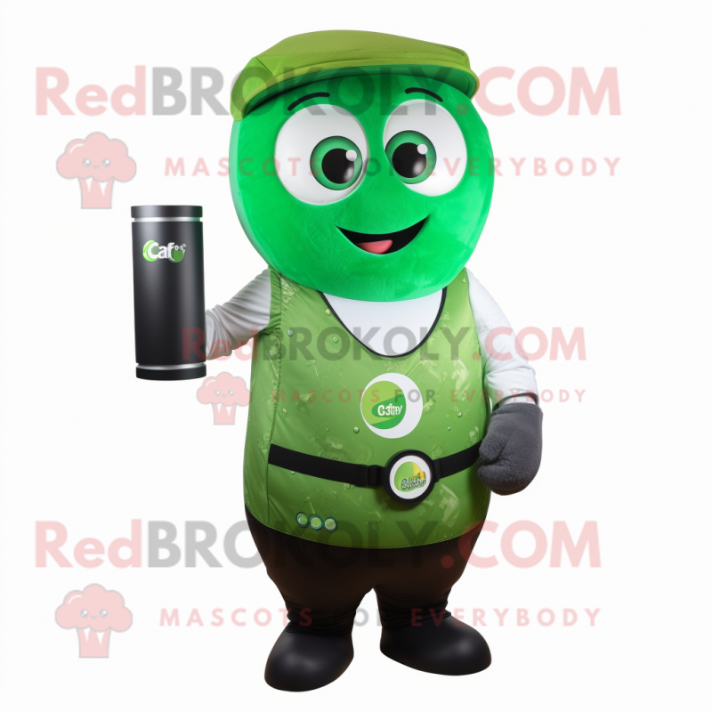 Forest Green Soda Can mascot costume character dressed with a Vest and Smartwatches Forest Green Soda Can mascot costume character dressed with a Vest and Smartwatches