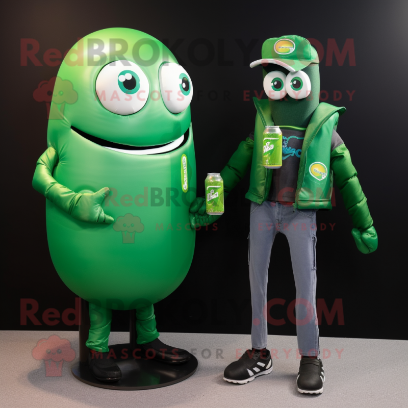Forest Green Soda Can mascot costume character dressed with a Vest and Smartwatches Forest Green Soda Can mascot costume character dressed with a Vest and Smartwatches