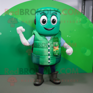 Forest Green Soda Can mascot costume character dressed with a Vest and Smartwatches