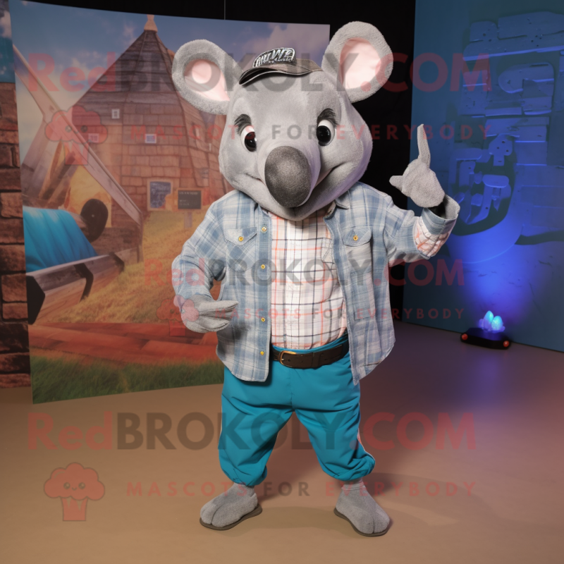 Silver Armadillo mascot costume character dressed with a Chambray Shirt and Foot pads