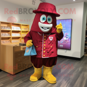 Maroon Treasure Chest mascot costume character dressed with a Raincoat and Shoe clips