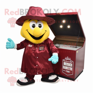 Maroon Treasure Chest mascot costume character dressed with a Raincoat and Shoe clips