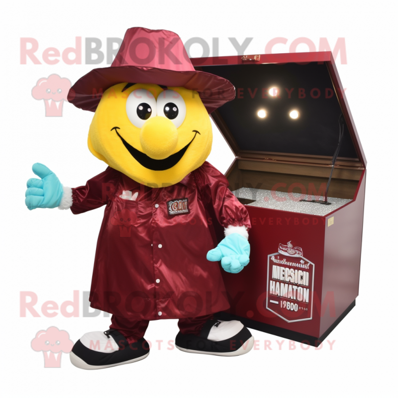 Maroon Treasure Chest mascot costume character dressed with a Raincoat and Shoe clips Maroon Treasure Chest mascot costume character dressed with a Raincoat and Shoe clips