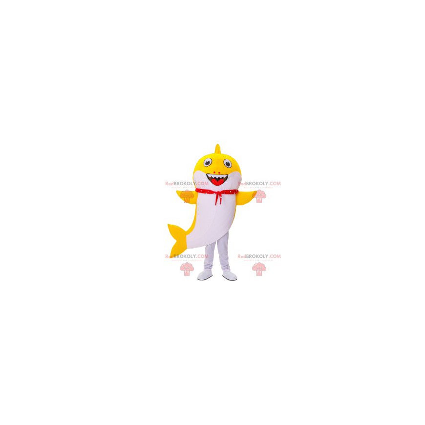 Mascot yellow and white shark with a red bandana -