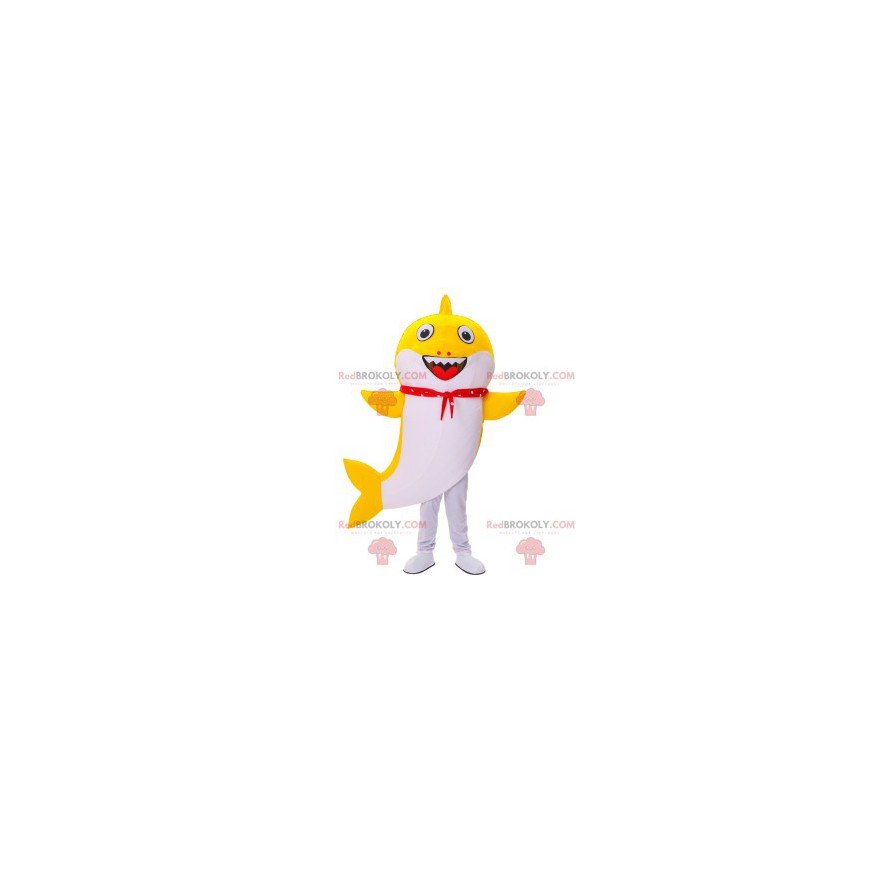 Mascote tubarão amarelo e branco com uma bandana vermelha -