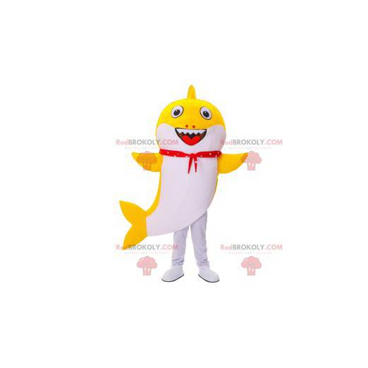 Mascot tiburón amarillo y blanco con un pañuelo rojo -