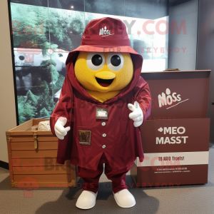 Maroon Treasure Chest mascot costume character dressed with a Raincoat and Shoe clips