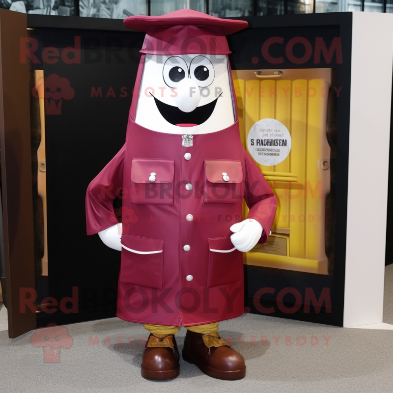 Maroon Treasure Chest mascot costume character dressed with a Raincoat and Shoe clips Maroon Treasure Chest mascot costume character dressed with a Raincoat and Shoe clips