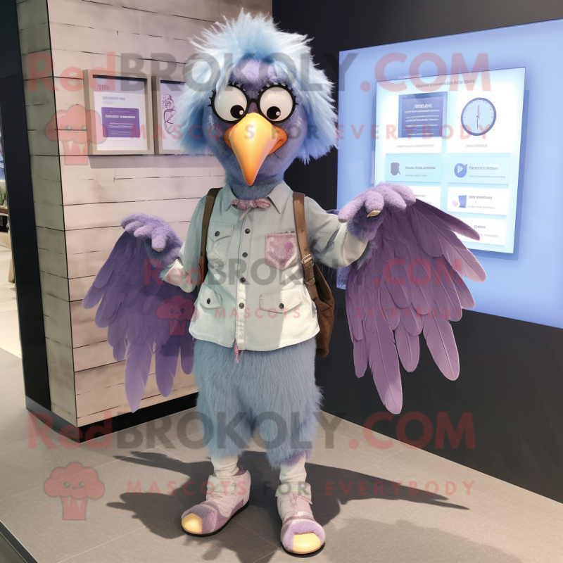 Lavender Harpy mascot costume character dressed with a Chambray Shirt and Digital watches