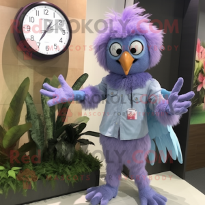 Lavender Harpy mascot costume character dressed with a Chambray Shirt and Digital watches