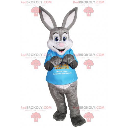 Gray rabbit mascot with a blue t-shirt - Redbrokoly.com