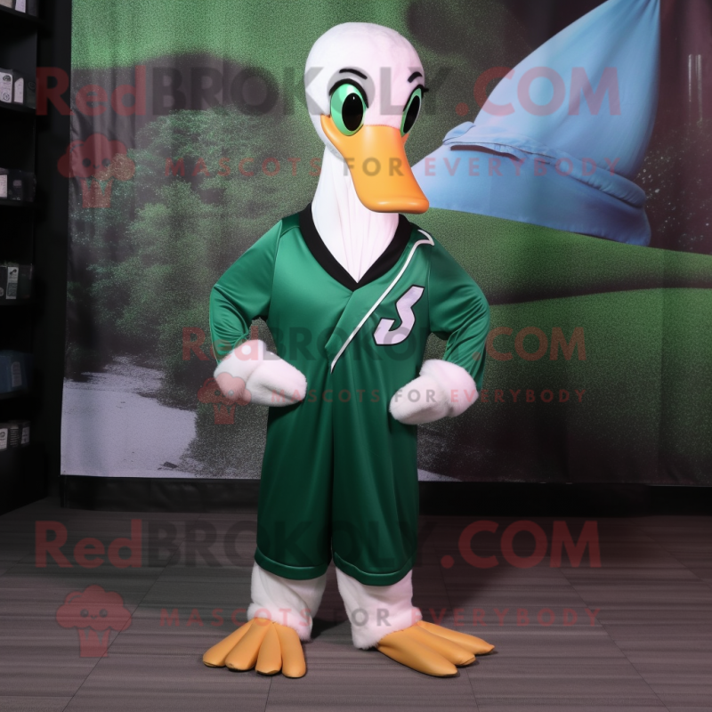 Forest Green Swan mascot costume character dressed with a Sweatshirt and Tie pins