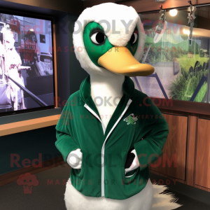 Forest Green Swan mascot costume character dressed with a Sweatshirt and Tie pins