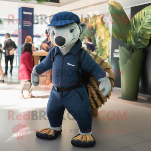 Navy Pangolin mascot costume character dressed with a Jeggings and Caps