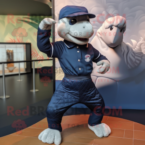 Navy Pangolin mascot costume character dressed with a Jeggings and Caps