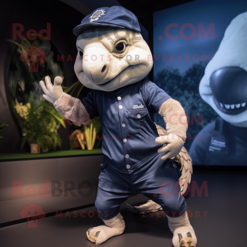 Navy Pangolin mascot costume character dressed with a Jeggings and Caps