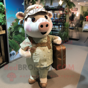 Tan Pig mascot costume character dressed with a Cargo Shorts and Coin purses