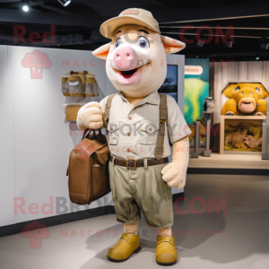 Tan Pig mascot costume character dressed with a Cargo Shorts and Coin purses