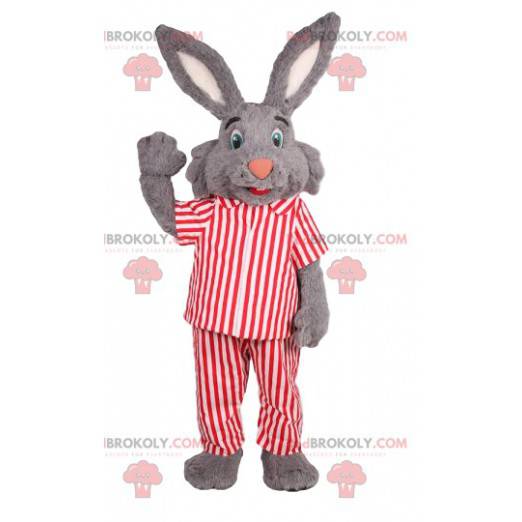 gray rabbit mascot with red and white striped pajamas -