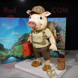 Tan Pig mascot costume character dressed with a Cargo Shorts and Coin purses